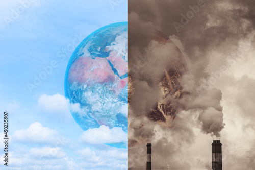 Fotografia Pollution Earth compare with Clean Earth for Greenhouse effect and Global warming crisis Awareness concept