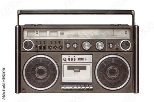 Old radio AM FM front face cassette tape player isolated on white background with clipping path.