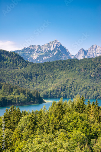 Blue Alpsee Lake in the Green Forest and Beautiful Alps Mountains in the Morning Fog. Fussen, Bavaria, Germany © naughtynut