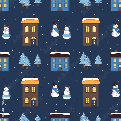 Seamless pattern with cute houses with a bright roof on the snow, snowmen and Christmas trees. Merry holiday print, New Year and Christmas decorations. Winter and festive background