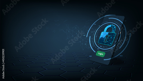 Mobile data security concept.Smartphone with Padlock lock symbol on dark blue background.Financial transactions protection system or thefts and hacker attacks on smartphone. 