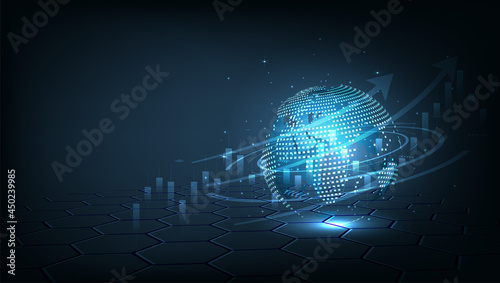Stock market investment trading.world map and graph chart of stock market graphic diagram, digital technology, business idea and art work design.