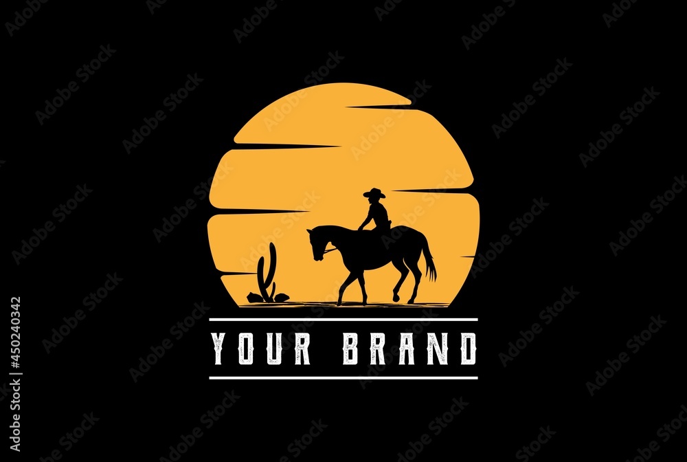 Sunset Sunrise or Moon with Female Woman Cowboy Riding Horse Silhouette Logo Design Vector