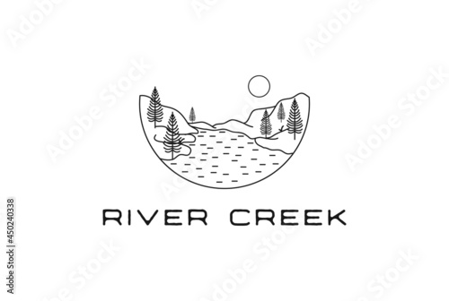 Vintage Line Art of Evergreen Pines Fir Conifer Hemlock Tree Forest and Creek River for Camp Adventure Logo Design Vector