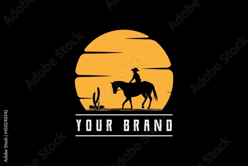 Sunset Sunrise or Moon with Female Woman Cowboy Riding Horse Silhouette Logo Design Vector