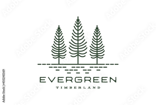 Vintage Retro Hipster Line Art Pine Evergreen Fir Hemlock Spruce Conifer Cedar Coniferous Cypress Larch Trees Forest Logo Design Vector