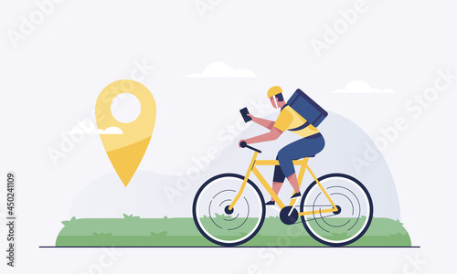 Delivery service concept. Courier on bicycle carriers parcel box to client home.