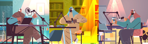 set arab podcasters talking to microphones recording video blog in studio podcasting online radio broadcasting live streaming