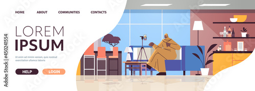 arab woman podcaster blogger recording video blog podcasting broadcasting live streaming blogging concept