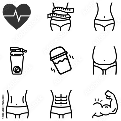 фотография Healthy shape fat loss icon and body muscle builder by meal replacement shake cup and icon six pack and overweight naked icon