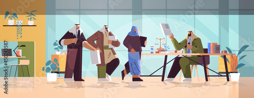 arab people visiting lawyer office for signing and legalization documents stamping legal document notary public