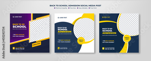 School Admission social media post, Back to school admission social media post, promotional discount banner template design. Back to School admission by social media Instagram, Facebook post kit, 