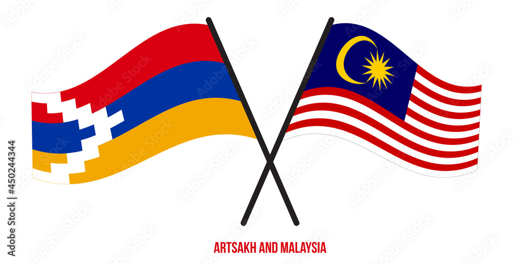 Artsakh and Malaysia Flags Crossed And Waving Flat Style. Official Proportion. Correct Colors.