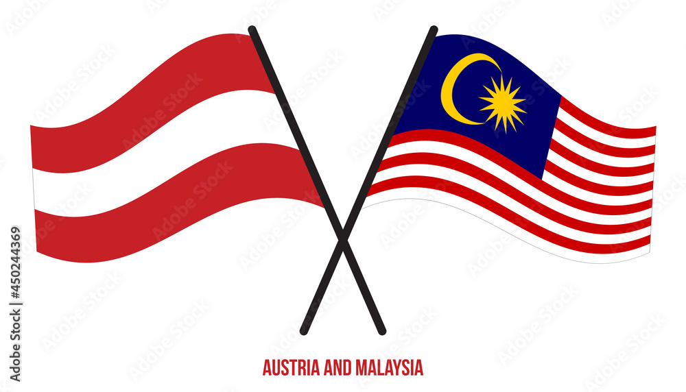 Austria and Malaysia Flags Crossed And Waving Flat Style. Official Proportion. Correct Colors.