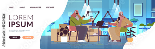 arab podcasters talking to microphones recording podcast in studio podcasting online radio broadcasting concept