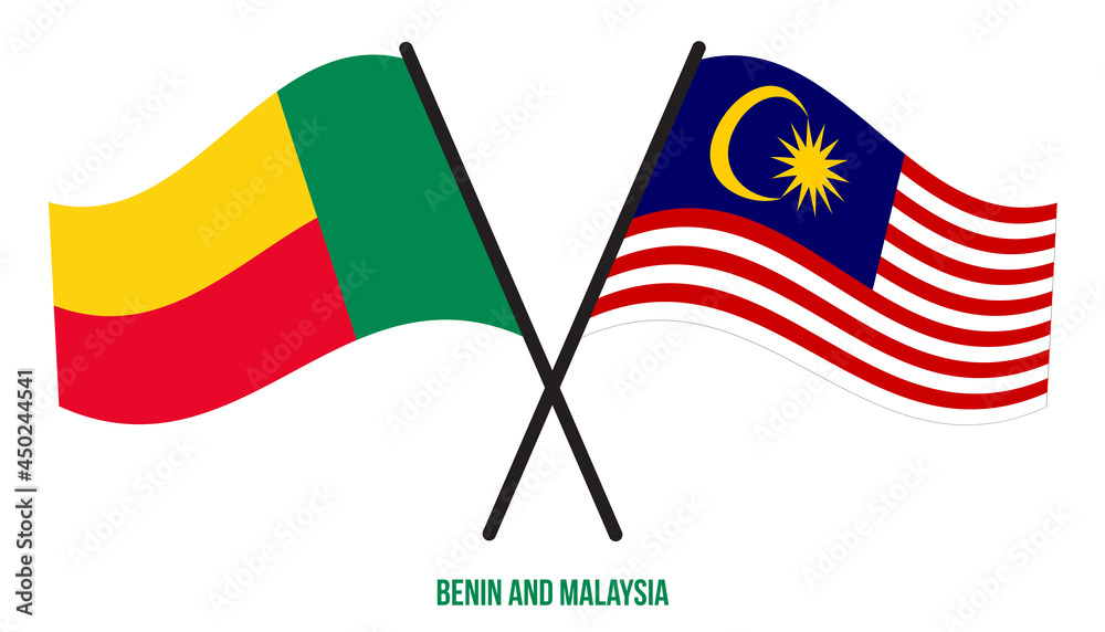 Benin and Malaysia Flags Crossed And Waving Flat Style. Official Proportion. Correct Colors.