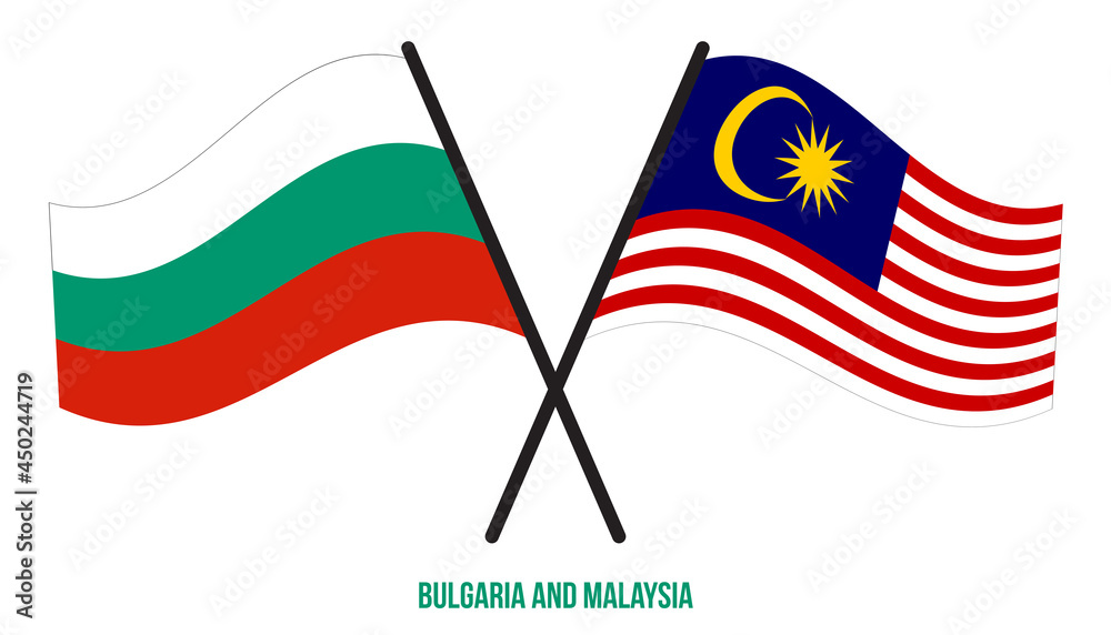 Bulgaria and Malaysia Flags Crossed And Waving Flat Style. Official Proportion. Correct Colors.