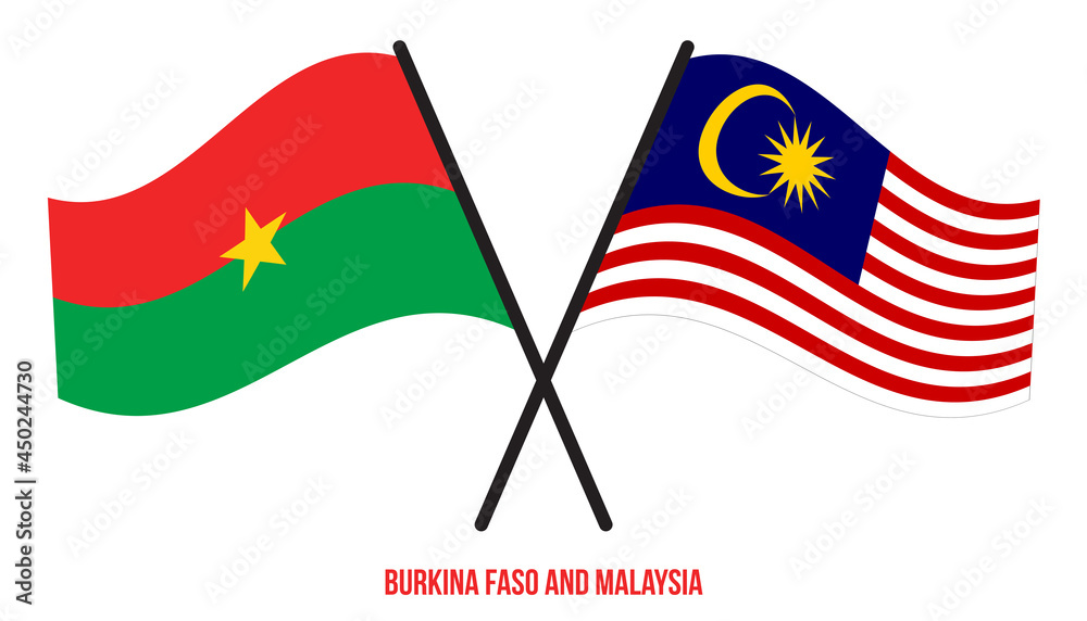 Burkina Faso and Malaysia Flags Crossed And Waving Flat Style. Official Proportion. Correct Colors.