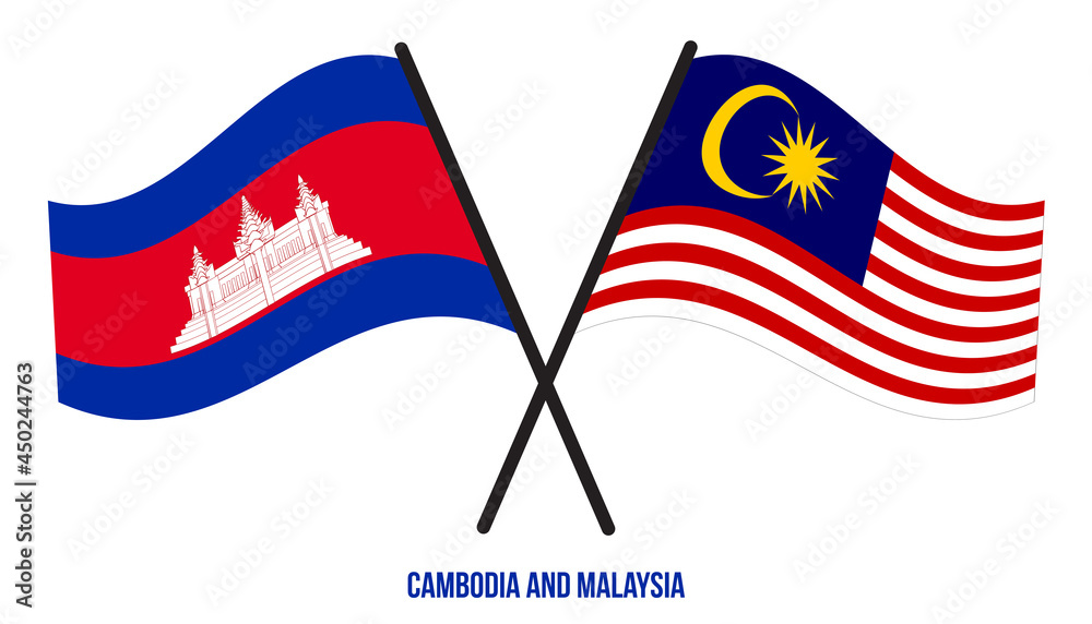 Cambodia and Malaysia Flags Crossed And Waving Flat Style. Official Proportion. Correct Colors.