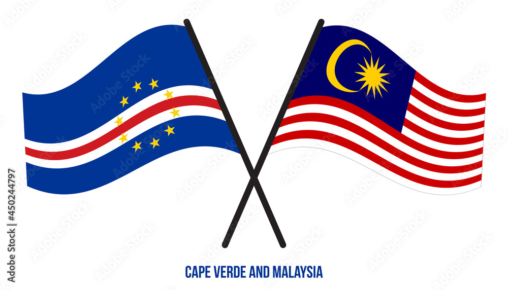 Cape Verde and Malaysia Flags Crossed And Waving Flat Style. Official Proportion. Correct Colors.