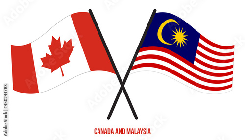 Canada and Malaysia Flags Crossed And Waving Flat Style. Official Proportion. Correct Colors.