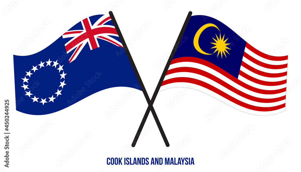 Cook Islands and Malaysia Flags Crossed And Waving Flat Style. Official Proportion. Correct Colors.