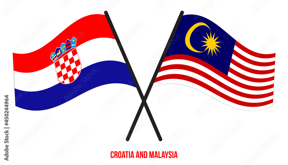 Croatia and Malaysia Flags Crossed And Waving Flat Style. Official Proportion. Correct Colors.
