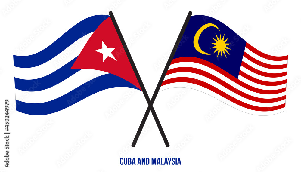 Cuba and Malaysia Flags Crossed And Waving Flat Style. Official Proportion. Correct Colors.