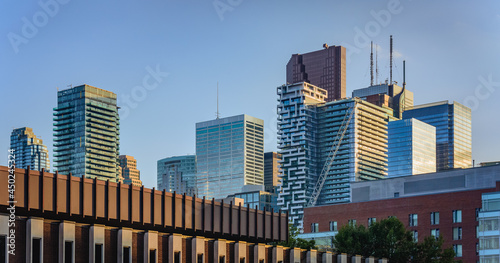 Skyscrapers s and modern high rise buildings in Financial District of Toronto with clear blue sky in the background