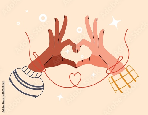 Multinational hand of couple touch each other. Red string of fate or faith destiny. Symbol of love or friendship. Concept of a promise to be married. Valentines Day with soulmate. Vector illustration.