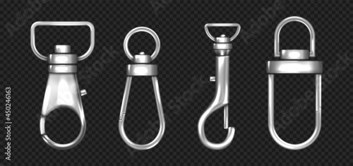 Realistic set of metal carabiners, lobster clasps photo
