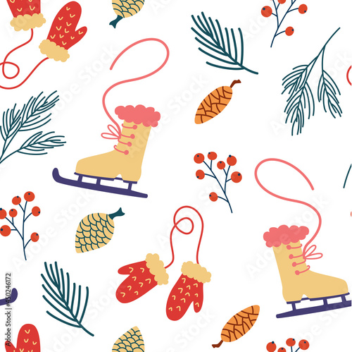 Seamless pattern with skates and mittens. Winter activities background. New year and Christmas items. Fir branches, cones and berries. For print, textile, decor, design, poster, gift wrapping paper.