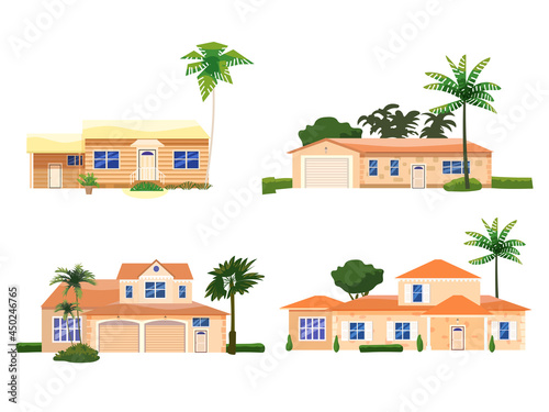 Set Mansion Residential Home Buildings, tropic trees, palms. House exterior facades front view architecture family modern contemporary cottages houses or apartments, villa. Suburban property