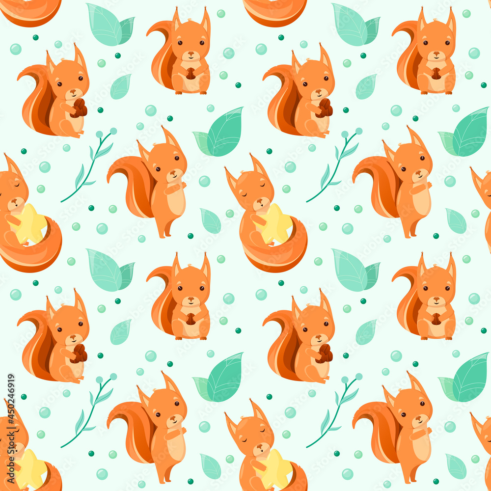 Fototapeta premium Cute seamless pattern for baby with squirrels. Funny animals in a cartoon design.