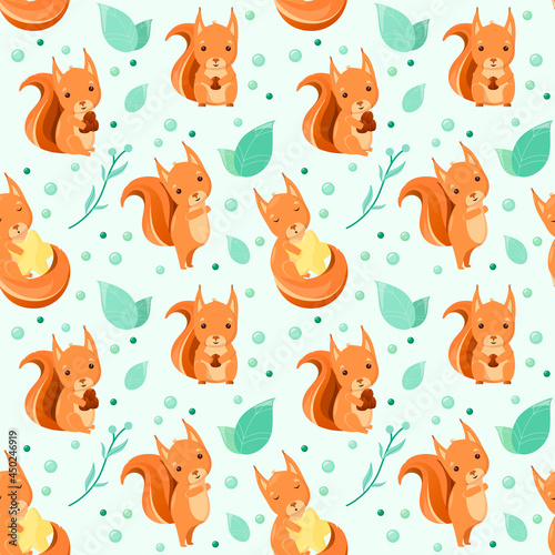 Cute seamless pattern for baby with squirrels. Funny animals in a cartoon design.