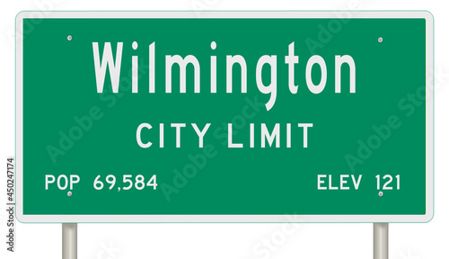 Rendering of a green Delaware highway sign with city information