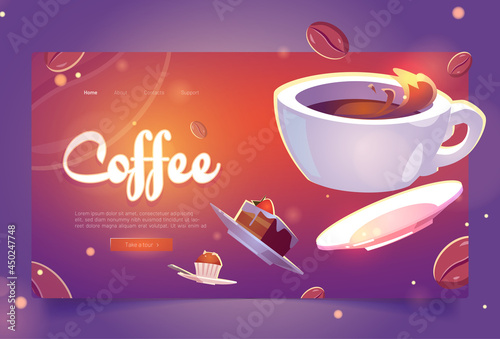 Coffee cartoon landing page white cup of hot drink