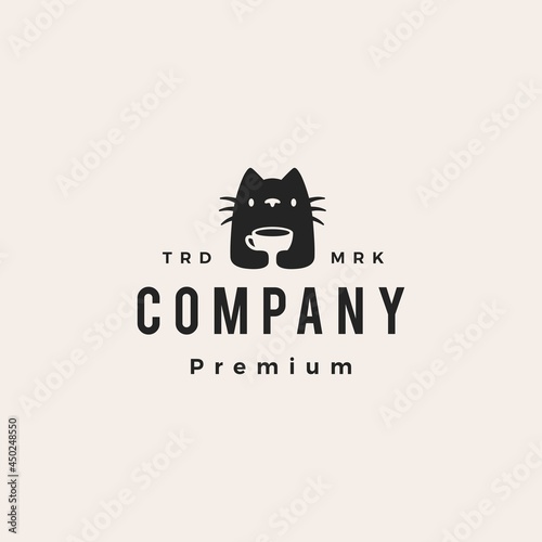 cat coffee cup cafe drink hipster vintage logo vector icon illustration