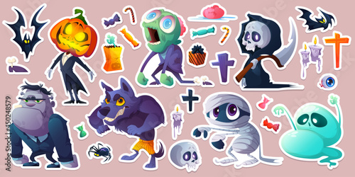 Halloween stickers with monsters, bats, candies