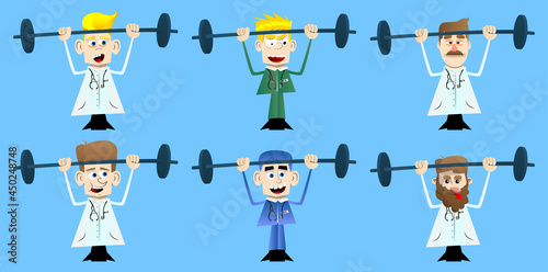 Funny cartoon doctor as a weightlifter lifting barbell. Vector illustration. Strong health care worker.