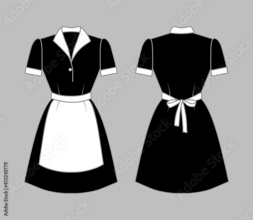 Black maid uniform with a white apron, collar and cuffs. Front and rear view. Vector illustration of an isolated background