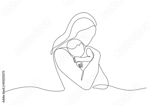 Mother with Baby Continuous Line Drawing. Single Line Drawing of Woman with Baby. Happy Mother Day Minimalist Contour Illustration. Vector EPS 10.	