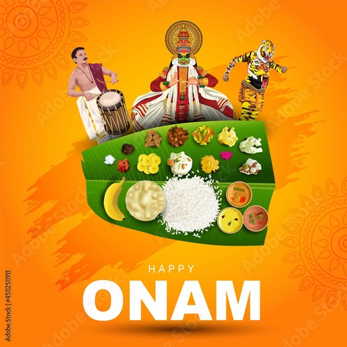 happy onam with kathakali and Kerala traditional food, use for poster, leaflet , banner