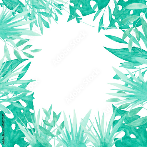 Green leaves a square frame on a white background. Watercolor floral template. Tropical empty card. Exotic wedding frame for your design. Boho invitation card. Tropic plants print.