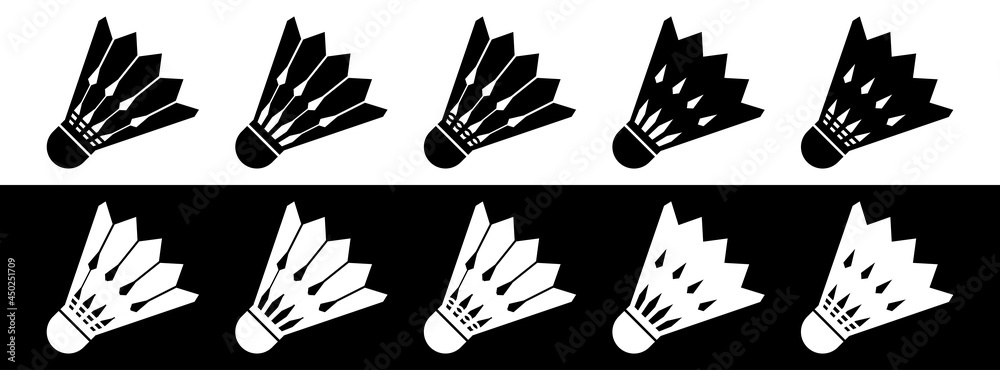 Vector badminton shuttlecocks icon. Five version on black and white background, vector illustration Vector badminton shuttlecocks icon. Five version on black and white background, vector illustration