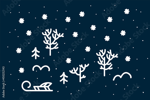 Background with a snow forest in a circle of doodle snowflakes. Christmas scene of winter in a circle of snow and Christmas trees. A poster for Christmas and New Year. Vector illustration