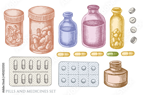 Vector set of hand drawn pastel pills and medicines