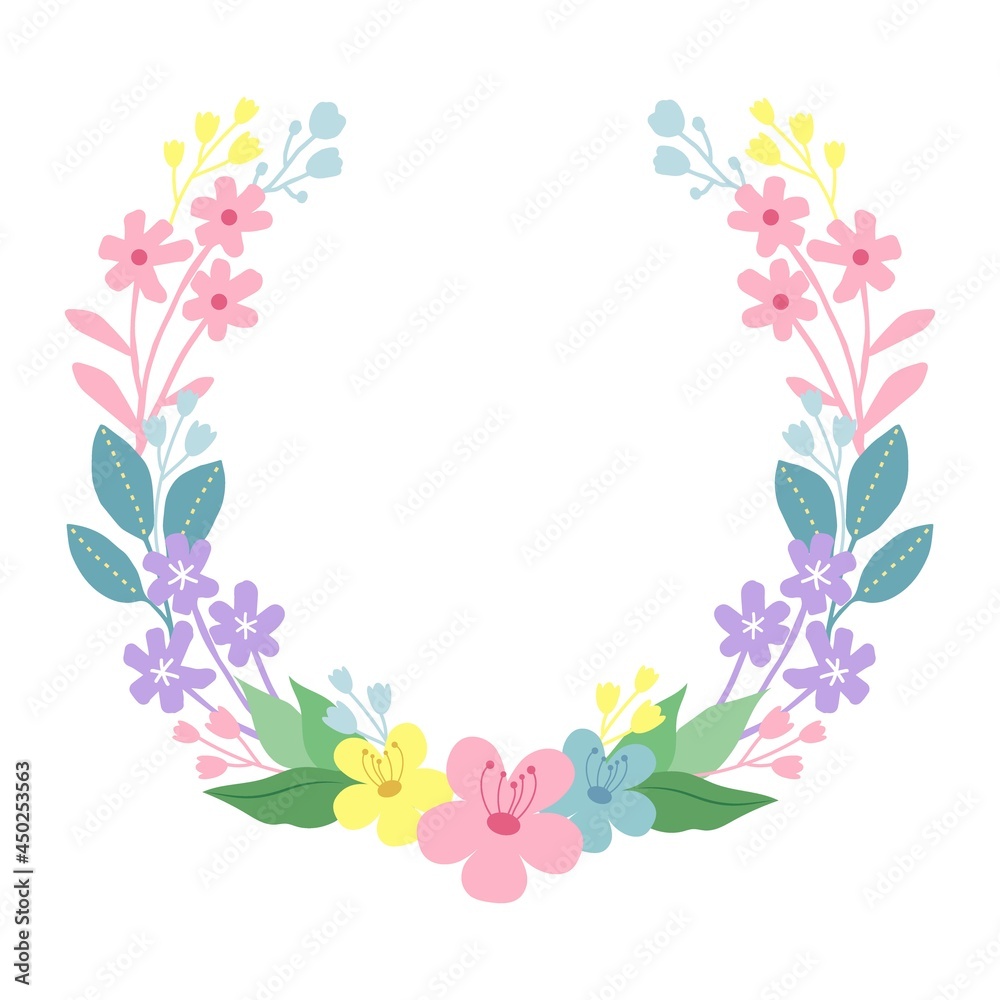 Wreath of colorful flowers on a white background with place for text. Vector illustration