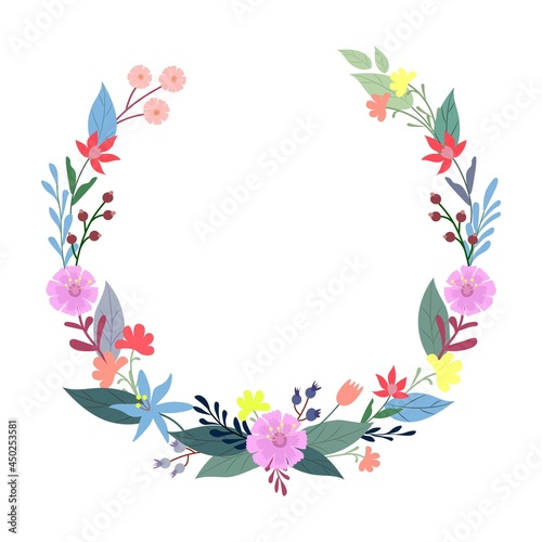 Wreath of colorful flowers and plants on a white background with place for text. Vector illustration