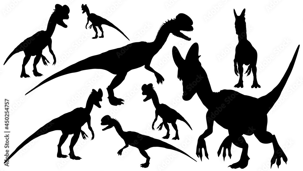 set of Black silhouette dinosaur isolated on white background